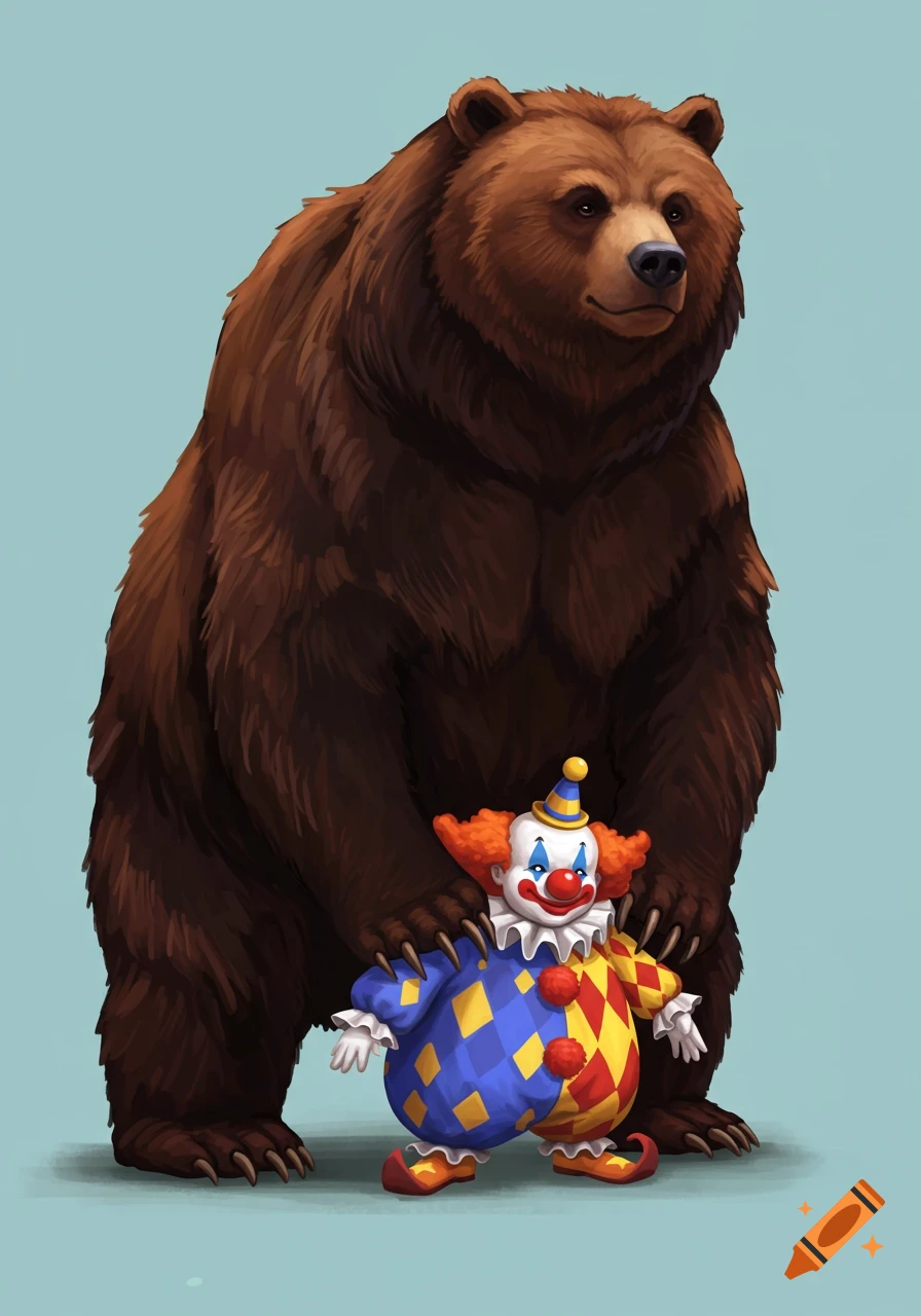 A large brown bear holds a tiny clown in a colorful costume, digital illustration.