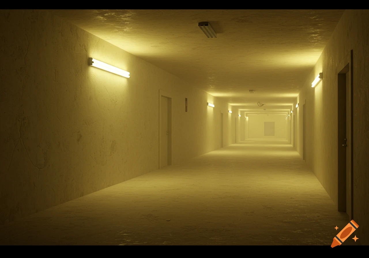 A long, empty corridor with yellow walls and fluorescent lights receding into the distance.