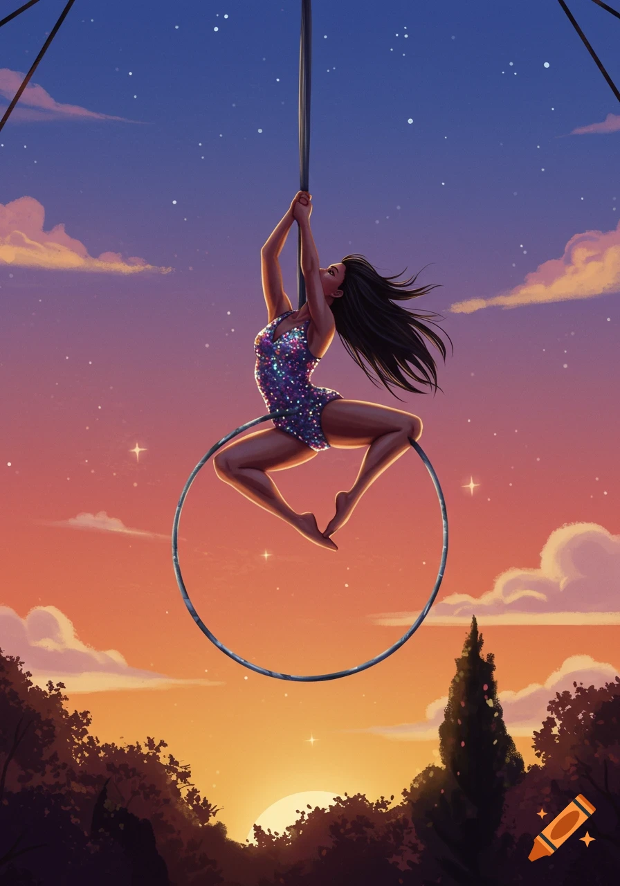 Illustration of an acrobat on an aerial hoop against a sunset sky with trees below.