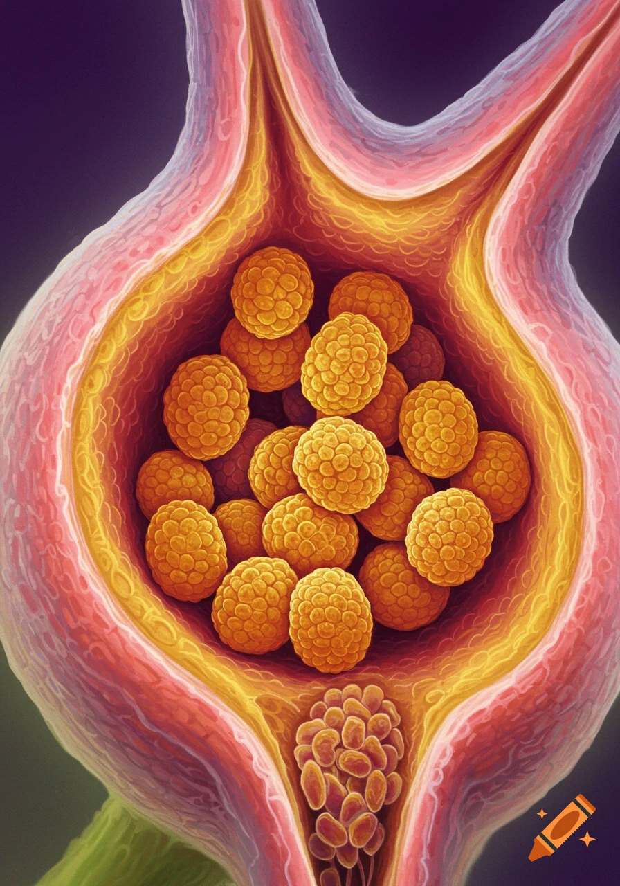 Microscopic view of yellow pollen grains inside a pink and yellow ovule structure.