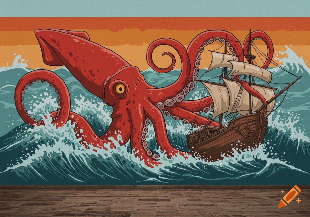 A giant red kraken attacks a sailing ship in a stylized illustration.