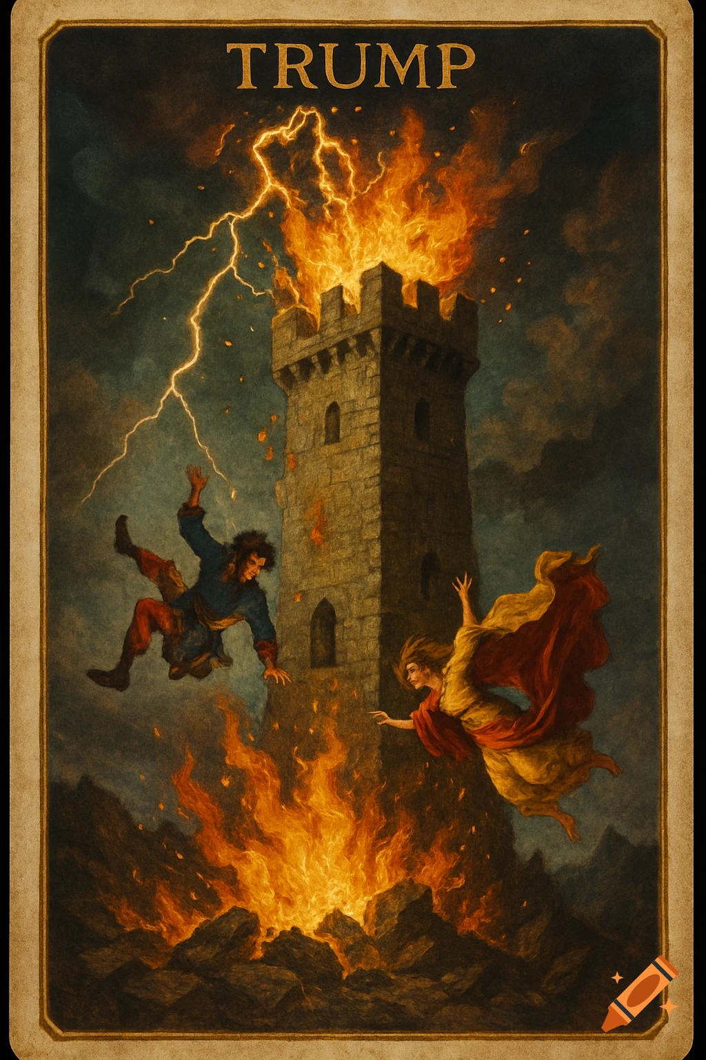 Tarot card illustration of The Tower, with lightning striking a tower, fire, and figures falling. Text at the top reads TRUMP.
