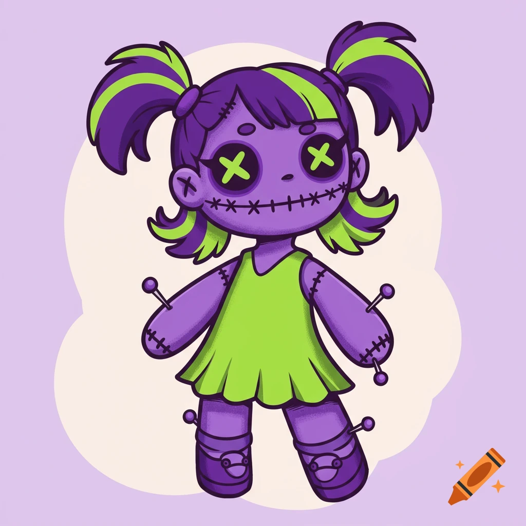 Cartoon purple and lime green voodoo doll with stitches and pins