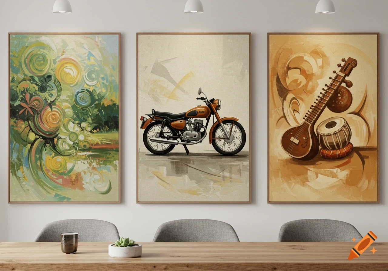 Three framed abstract paintings hang on a wall above a wooden table. The paintings depict a landscape, a motorcycle, and a sitar and tabla.