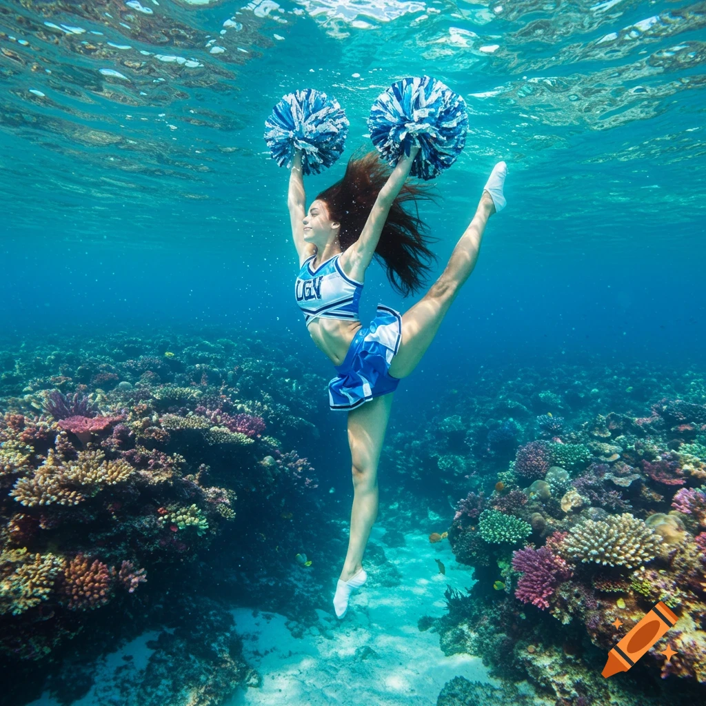 A cheerleader in uniform does a high kick underwater among vibrant coral.