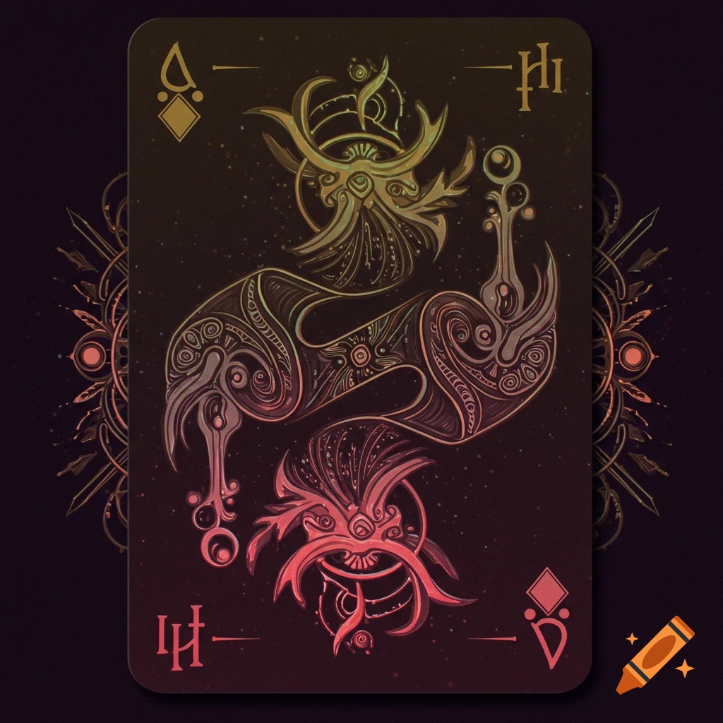 A stylized playing card with ornate, abstract golden and red symbols and figures on a dark background. It features symbols resembling 'Q' and diamonds.