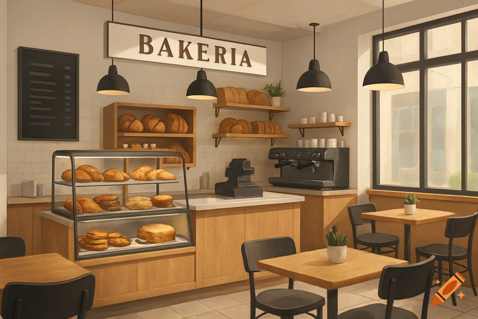 Illustration of a modern bakery interior with a display case of baked goods, counter, tables, and a sign that reads BAKERIA.