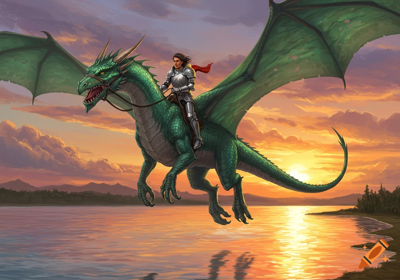 Knight in silver armor riding a green dragon flying low over a lake at sunset.