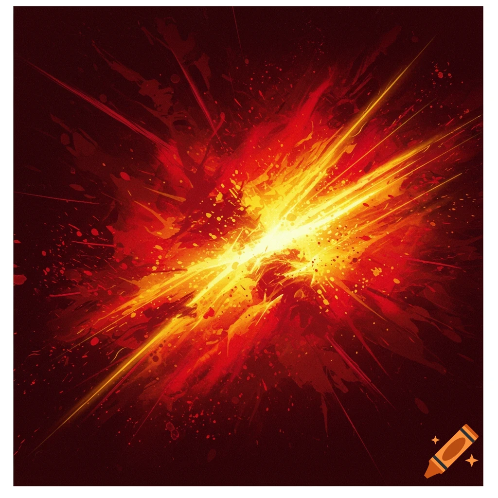 Abstract explosion of bright yellow light radiating from the center against a dark red background with splatters.