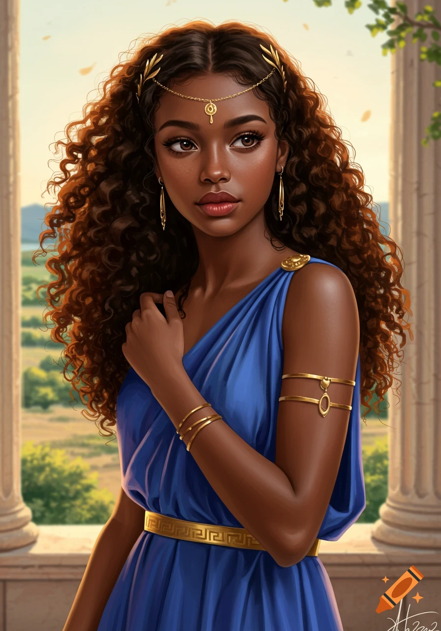 Portrait of a woman with curly hair wearing a blue Greek dress and gold jewelry