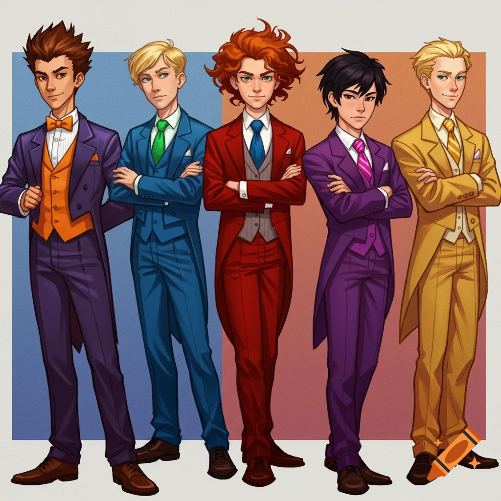 Illustration of five teenage boys in colorful tuxedos in anime style.