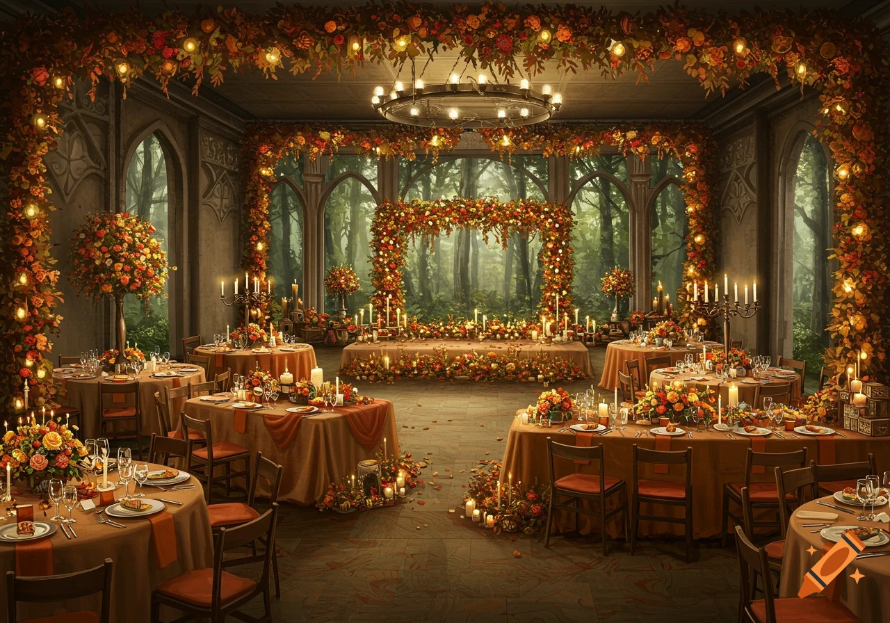 Medieval hall decorated for autumn event with tables, flowers, candles, and forest view.