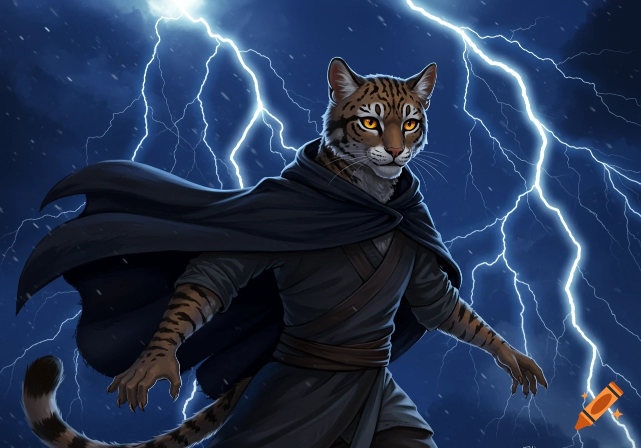 A fantasy creature, a Tabaxi, wearing a cloak, stands under a stormy sky with lightning strikes.
