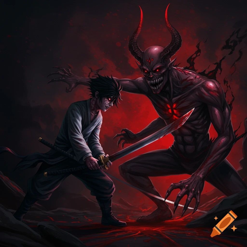 Anime character fights a demon with a sword in a dark, blood-soaked scene.