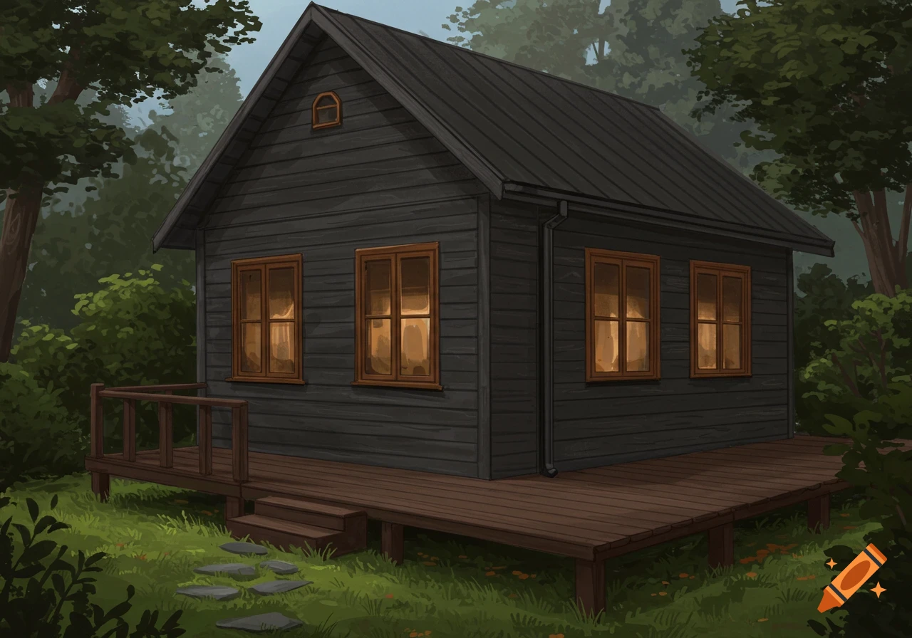 A dark grey wooden cottage with a deck sits among trees with lights glowing from the windows.