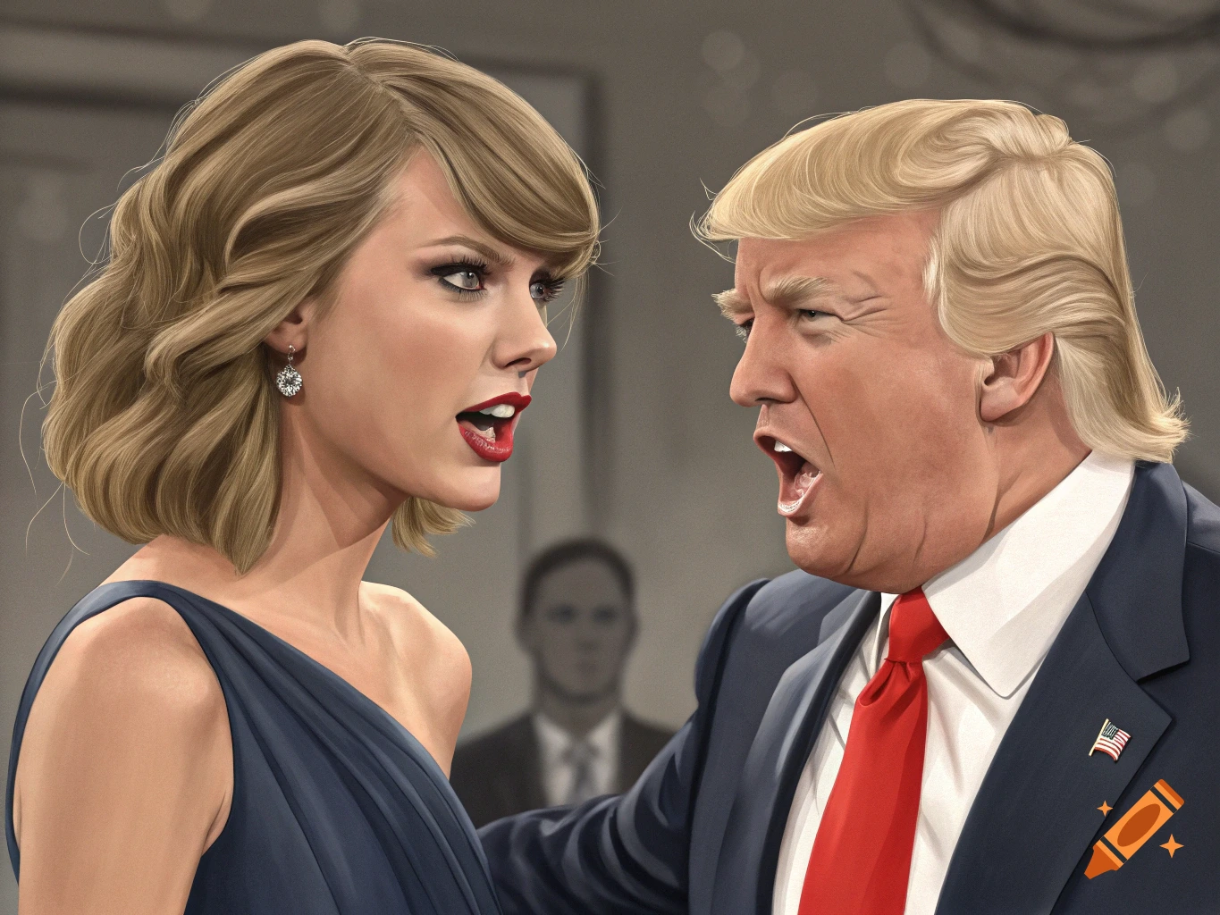 Illustration of Taylor Swift and Donald Trump facing each other and arguing.