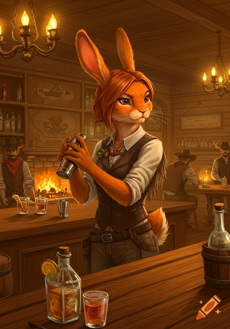 An anthropomorphic rabbit bartender mixes a drink in a western saloon in a storybook style.
