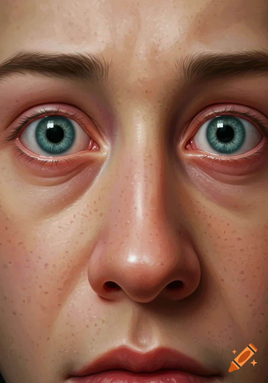 Close-up painting of a face with wide-set blue eyes.