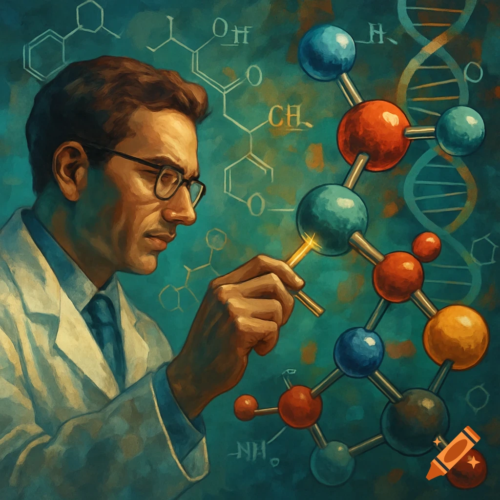 Illustration of a scientist studying a molecular model with chemical formulas and DNA background.