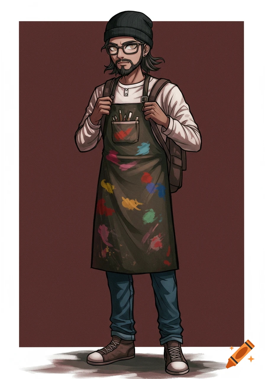 Character in Danganronpa style wearing a beanie, glasses, paint-splattered apron, jeans, and backpack.