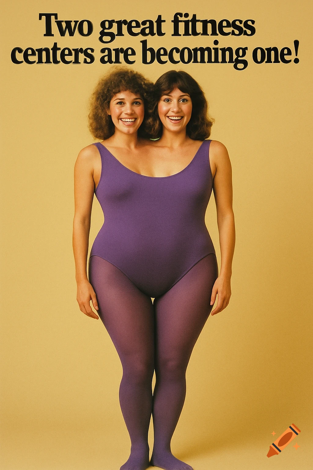 1980s style ad shows a two-headed woman in a purple leotard with text 'Two great fitness centers are becoming one!'