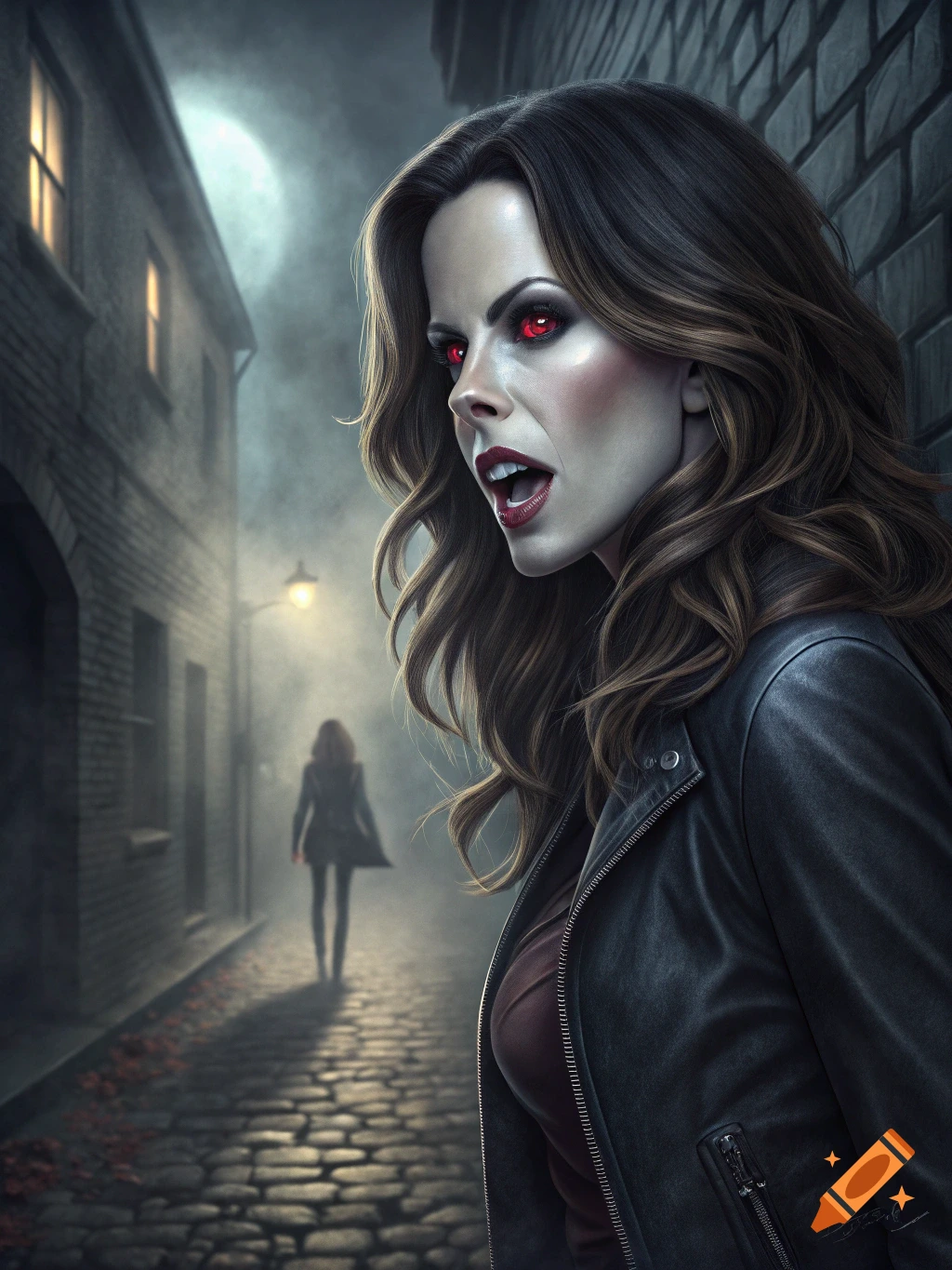 A vampire woman with red eyes and fangs stands in a dark, misty alleyway at night, another figure visible in the background.