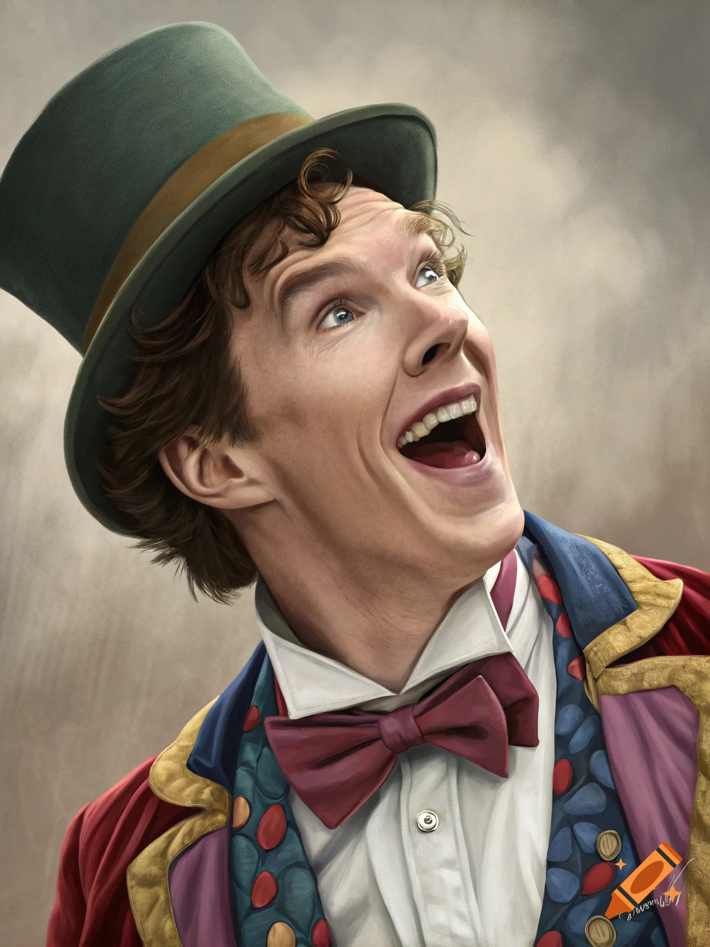 Realistic portrait of Benedict Cumberbatch in a top hat and colorful theatrical costume, grinning widely and looking up.