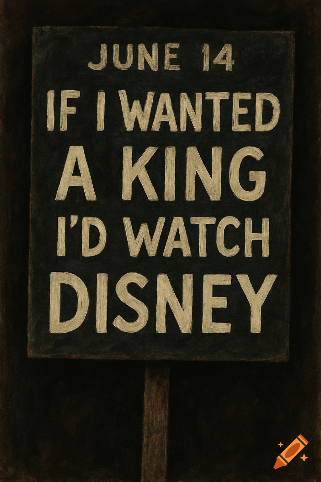 A dark sign with white text reads "JUNE 14 IF I WANTED A KING I'D WATCH DISNEY."