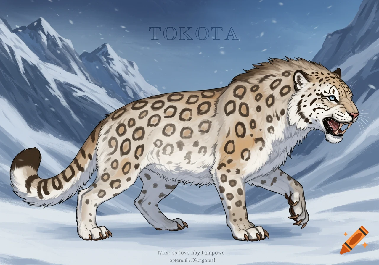 Illustration of a snow leopard and tiger hybrid walking in snow.