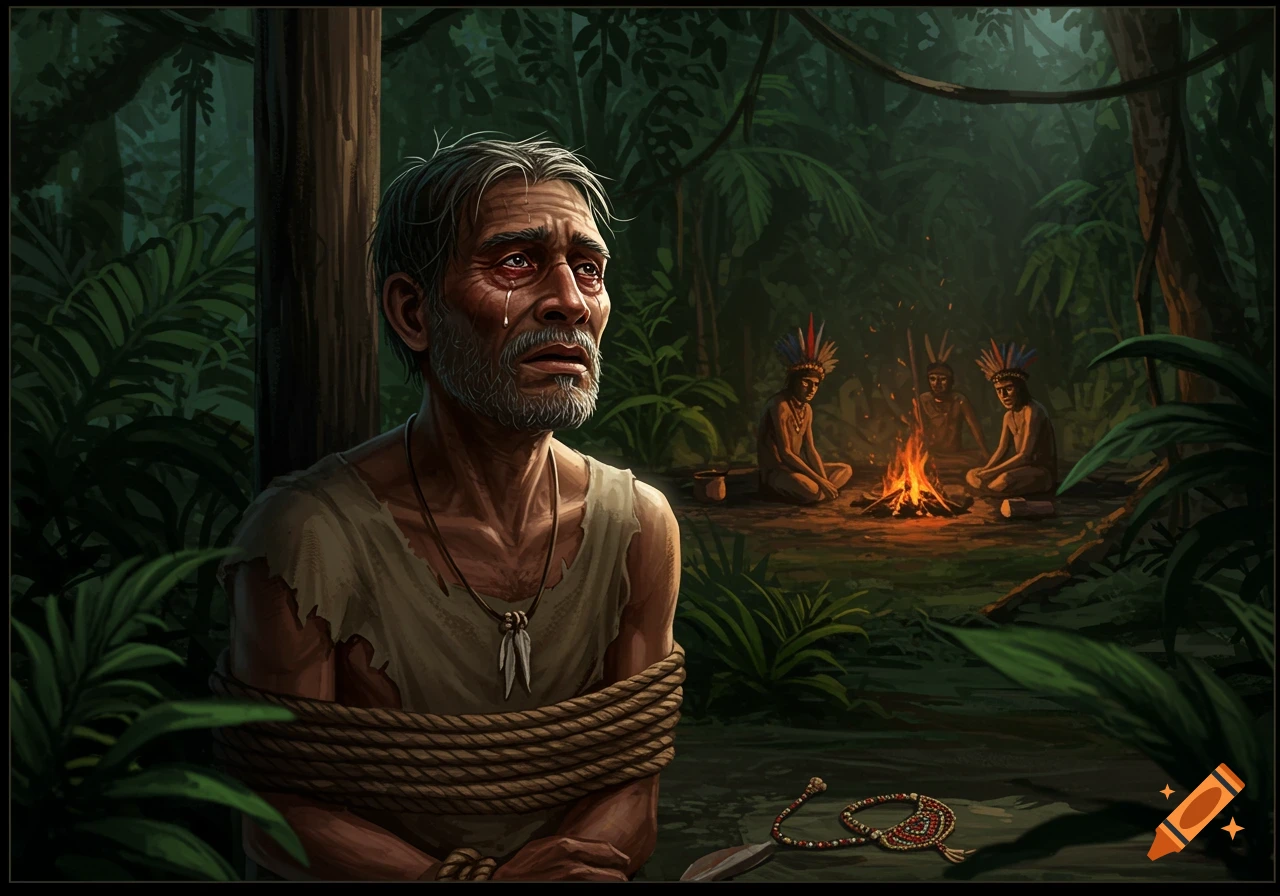 A man tied to a tree in a jungle cries while tribal figures sit by a campfire in the background, storytelling style.