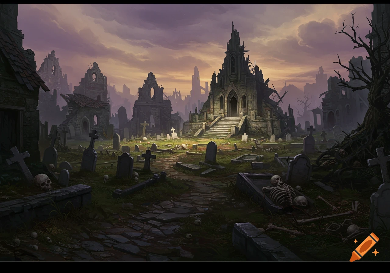 A dark fantasy painting of a ruined church in a graveyard filled with headstones and skeletons at sunset.
