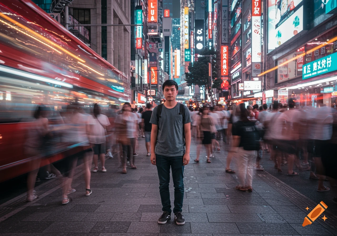 A person stands in a busy city street with blurred people and bus around them from a long exposure photo.