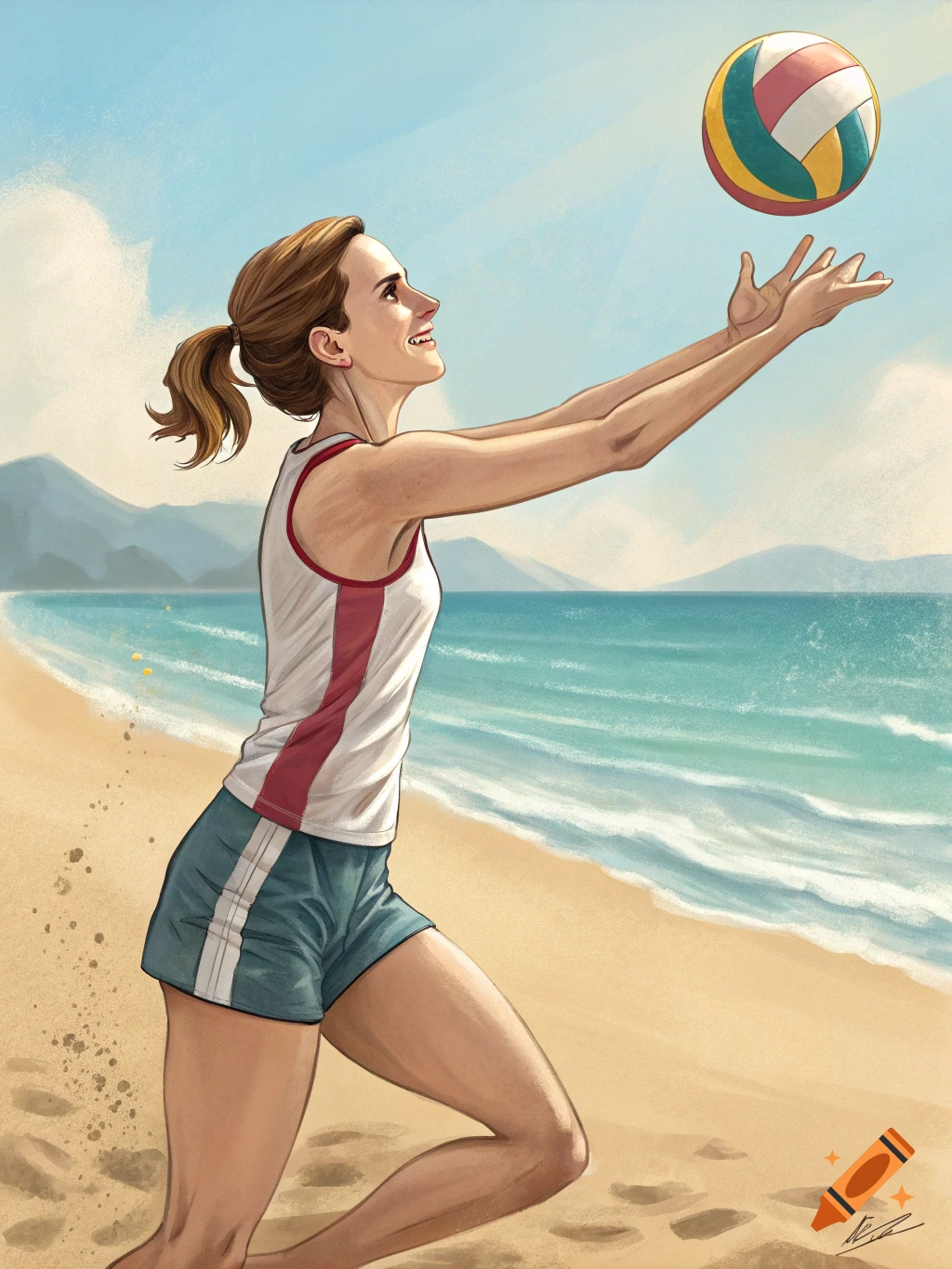 Illustration of a woman playing volleyball on a beach, reaching up to hit the ball.