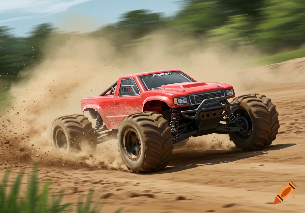 Red RC monster truck drives through dirt, kicking up dust