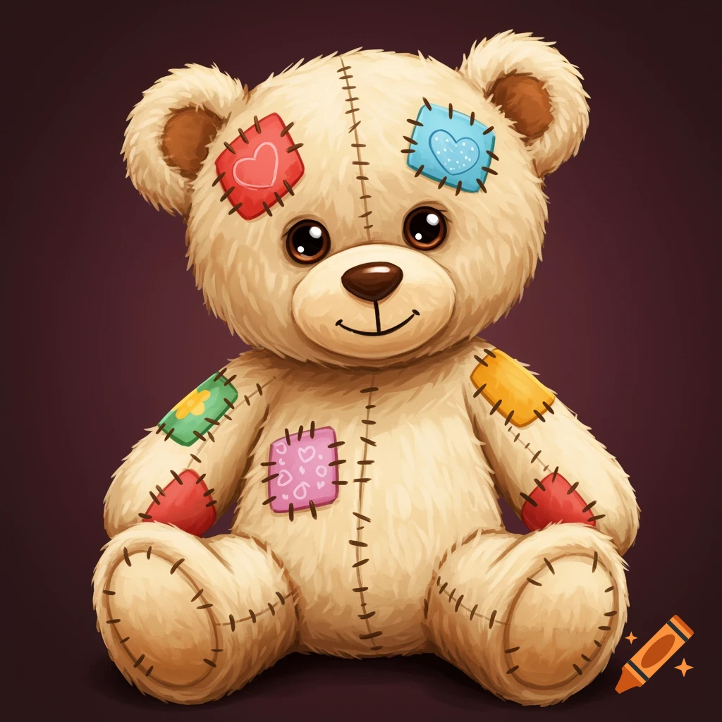 An illustrated teddy bear sits with colorful patches sewn onto its body.