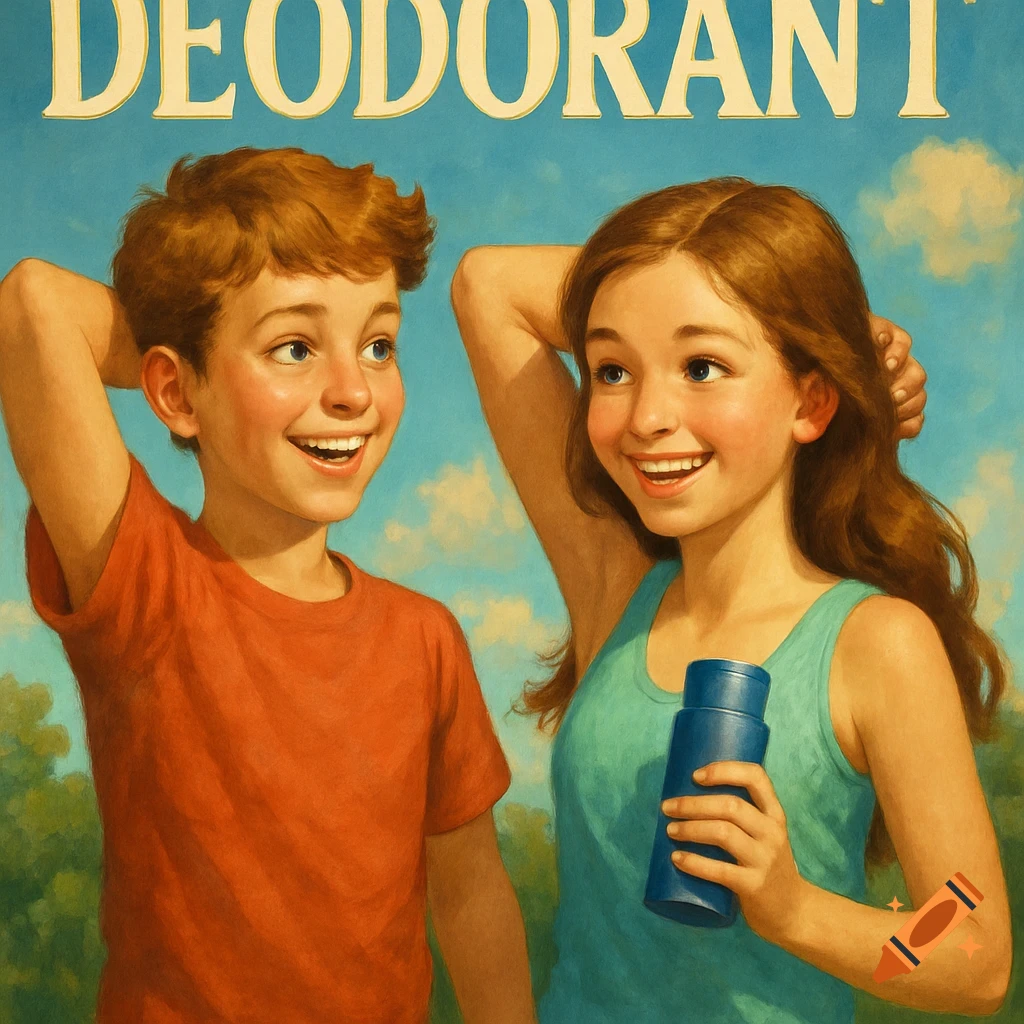 An illustration of a boy and a girl smiling, holding a blue bottle, with the text DEODORANT above them.