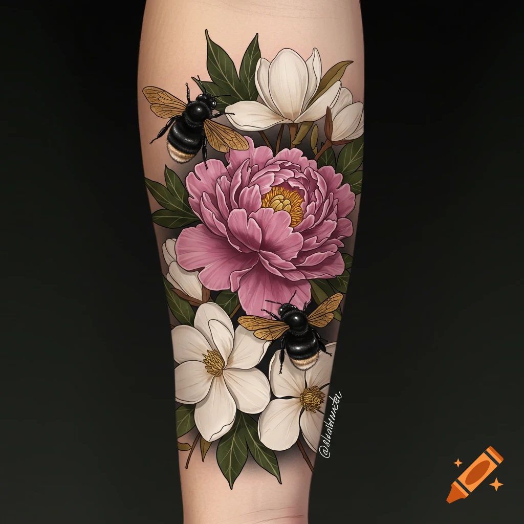 Tattoo of pink peony, white magnolias, and bumblebees on a forearm.