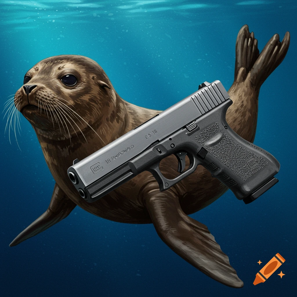 A seal swims underwater, fused with a realistic handgun.