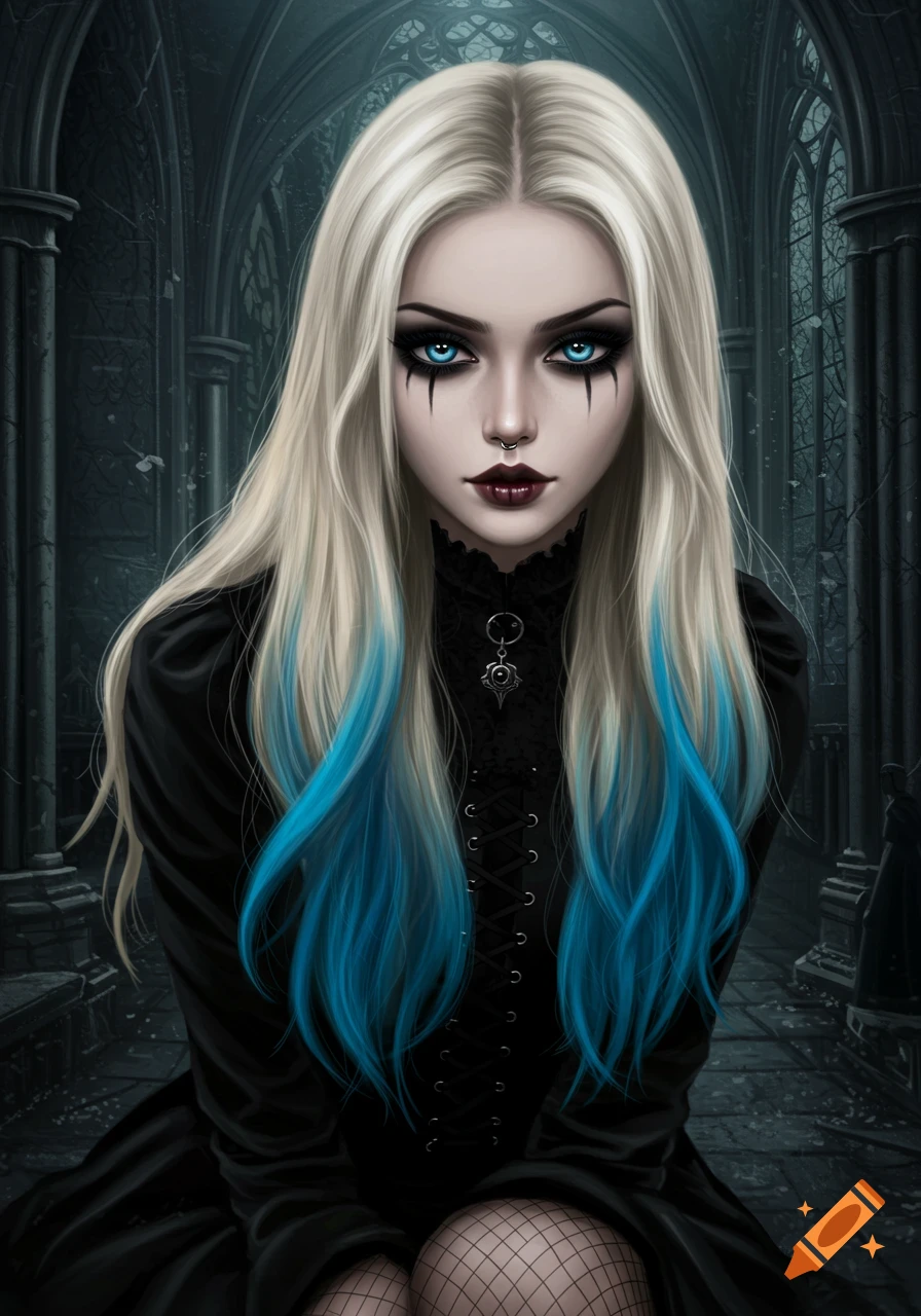 Digital painting of a goth woman with blonde hair, blue tips, blue eyes, and dark makeup in a gothic setting.