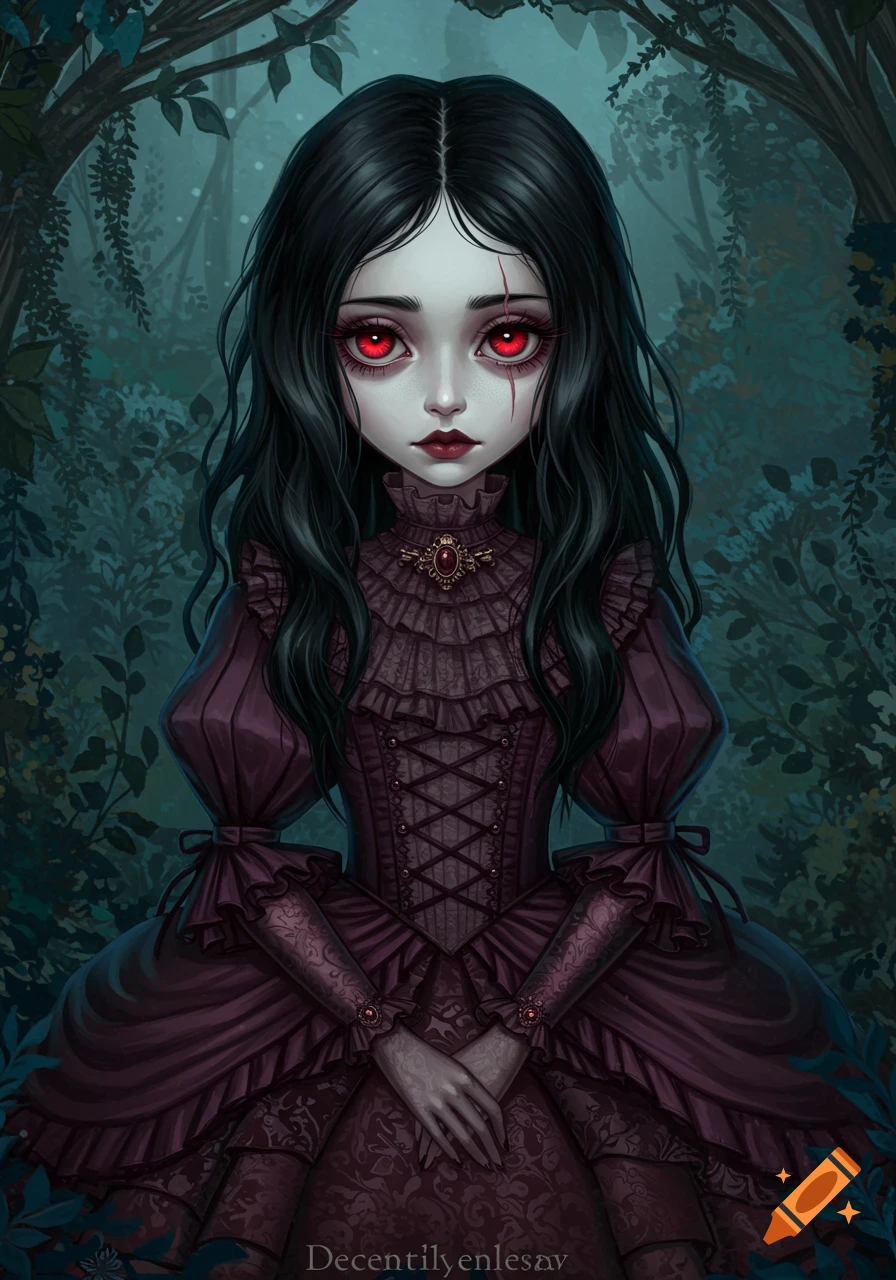 Stylized gothic portrait of a pale girl with red eyes, a facial scar, and black hair wearing a fancy dark purple dress in a forest.