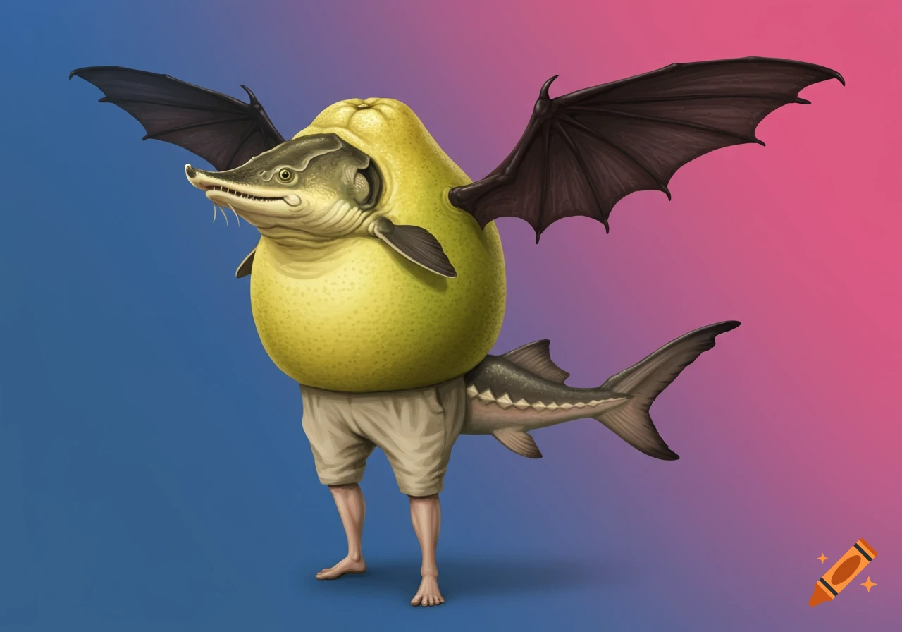 A bizarre creature made of a pomelo body, sturgeon head and tail, human legs, and bat wings stands against a blue and pink gradient background.