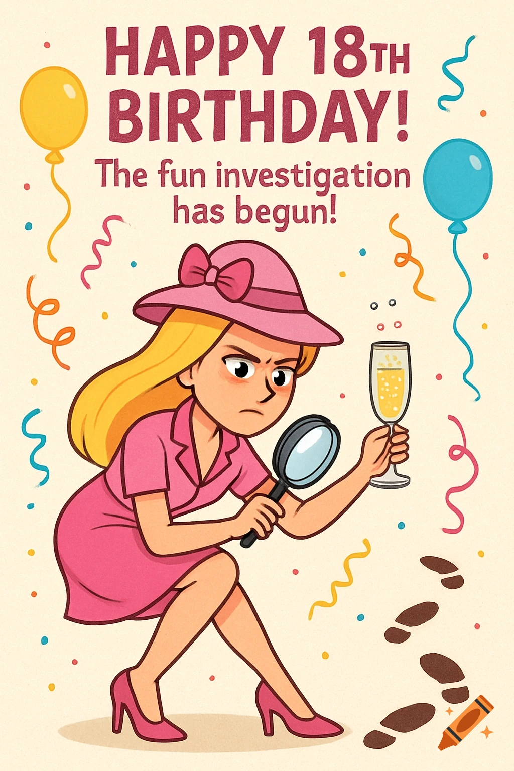 Cartoon drawing of a female detective in pink, holding magnifying glass and champagne, looking at footprints. Happy 18th Birthday text.