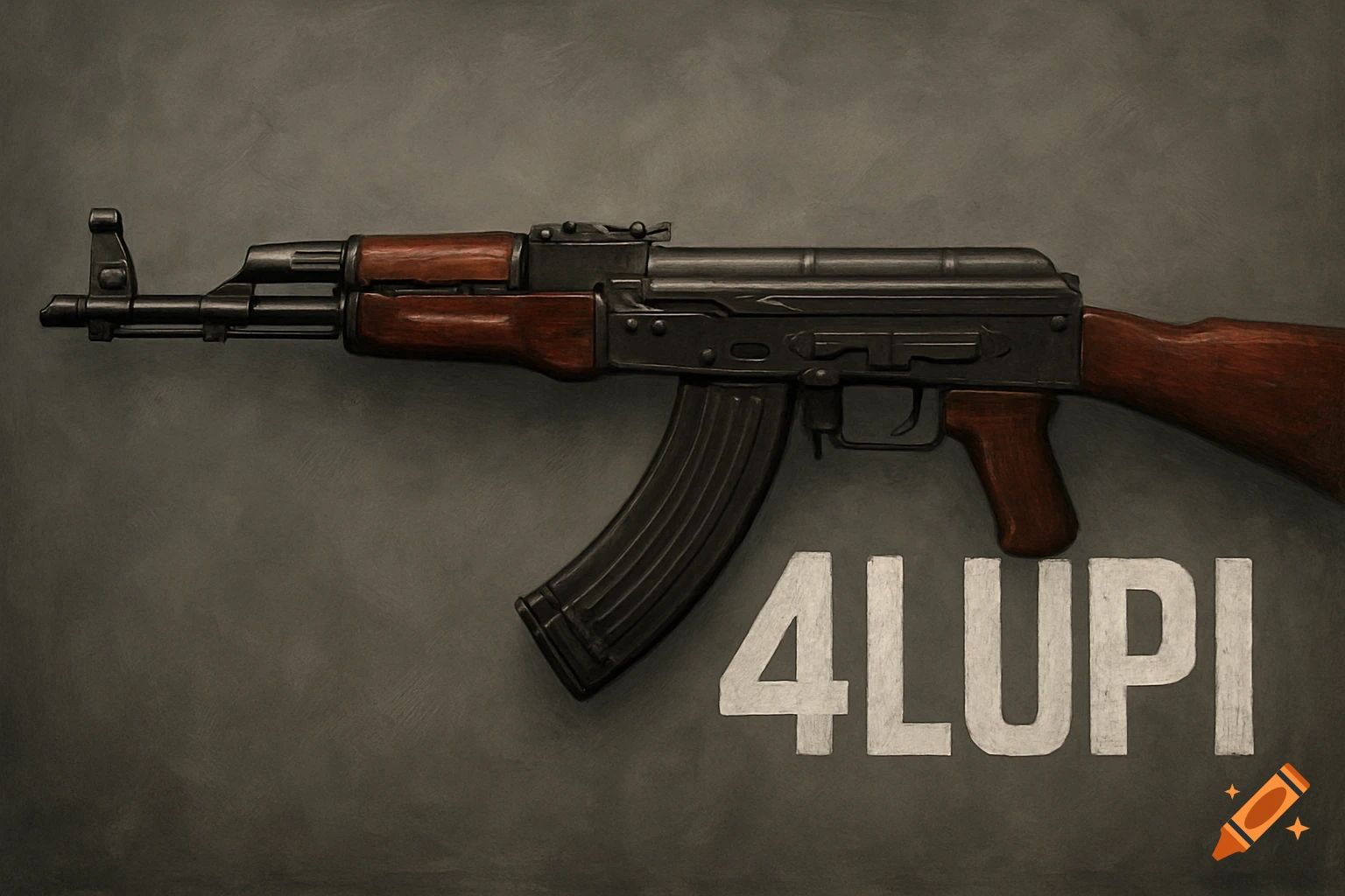 AK-47 rifle on a grey background with the text 4LUPI