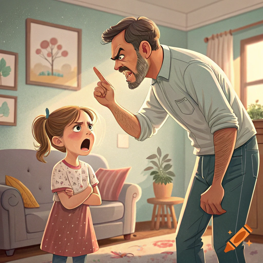 Illustration of an angry father scolding his scared daughter in a living room.