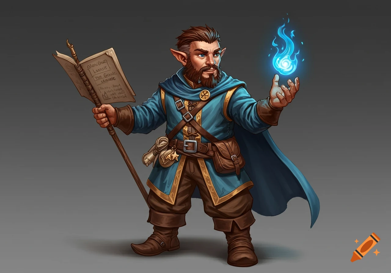 Fantasy wizard with beard and pointed ears, holding a book and casting a blue spell.