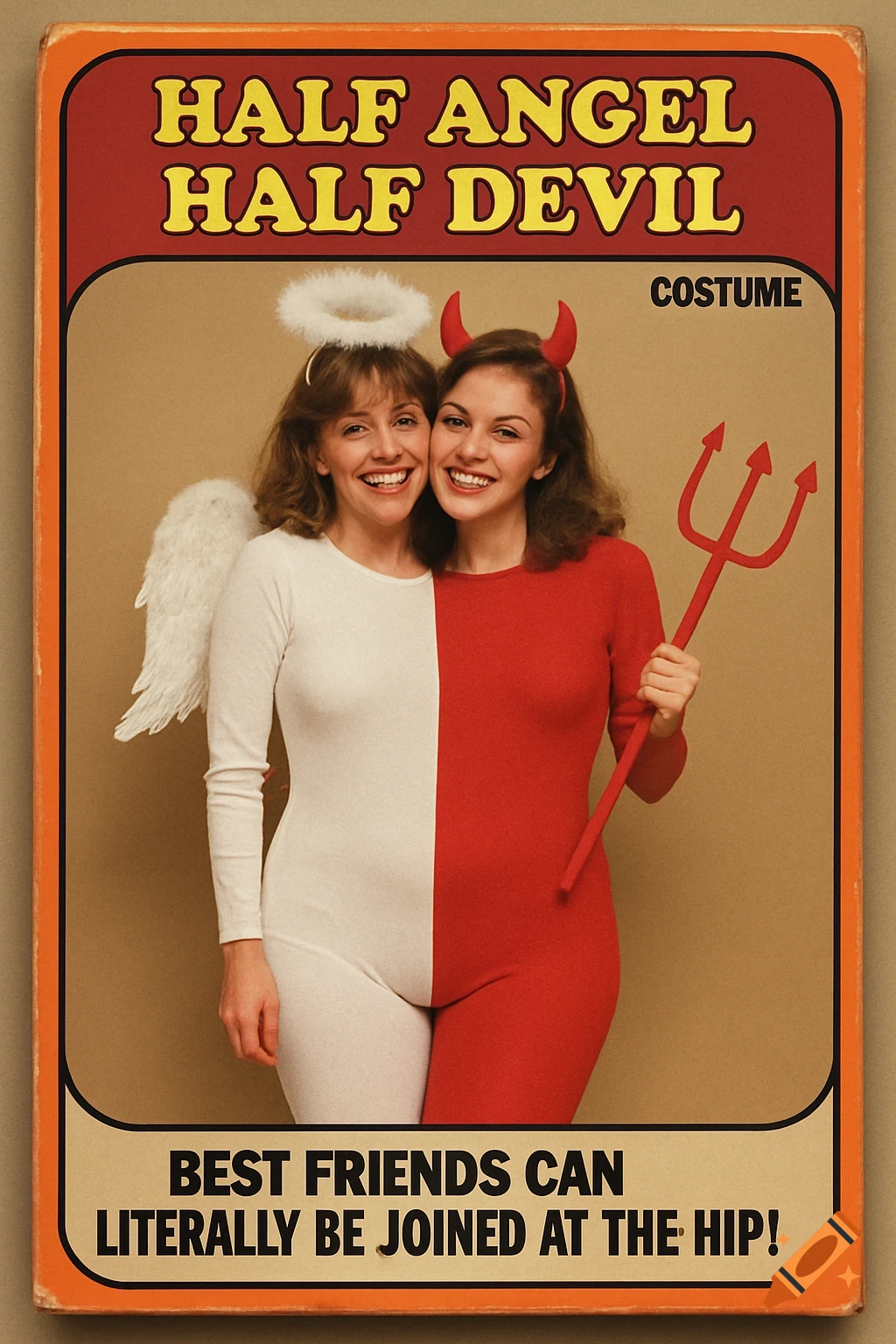 1980s photo of two women in a single half angel, half devil costume, creating a joined at the hip illusion.