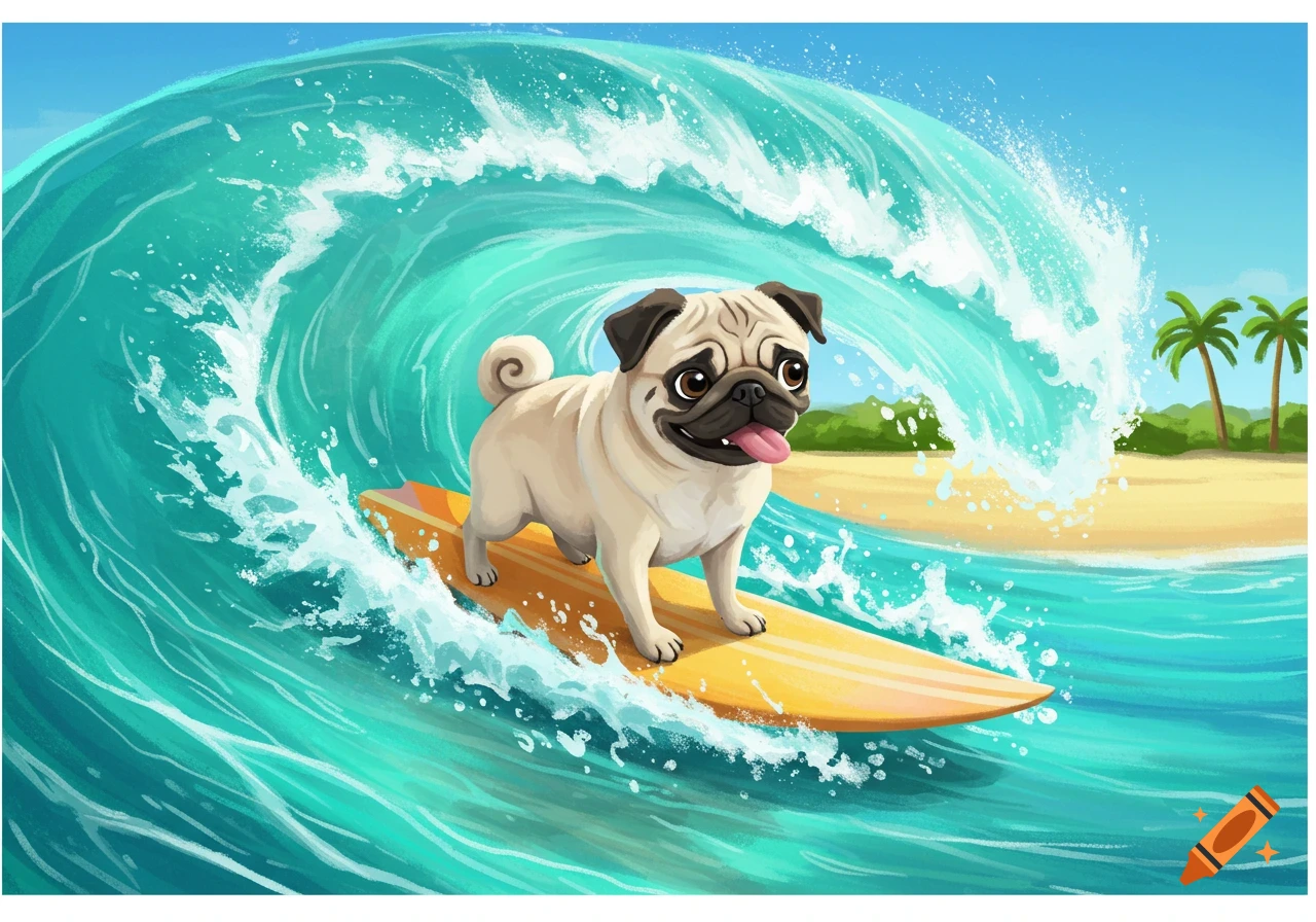 Illustration of a pug dog surfing on a yellow surfboard in a blue wave near a sandy beach with palm trees.