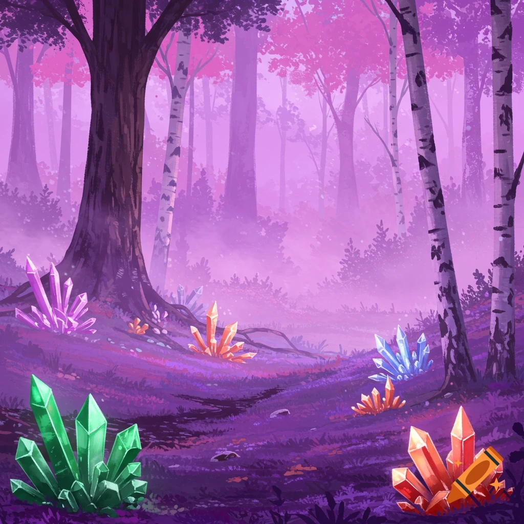 A purple forest with fog and colorful crystals on the ground