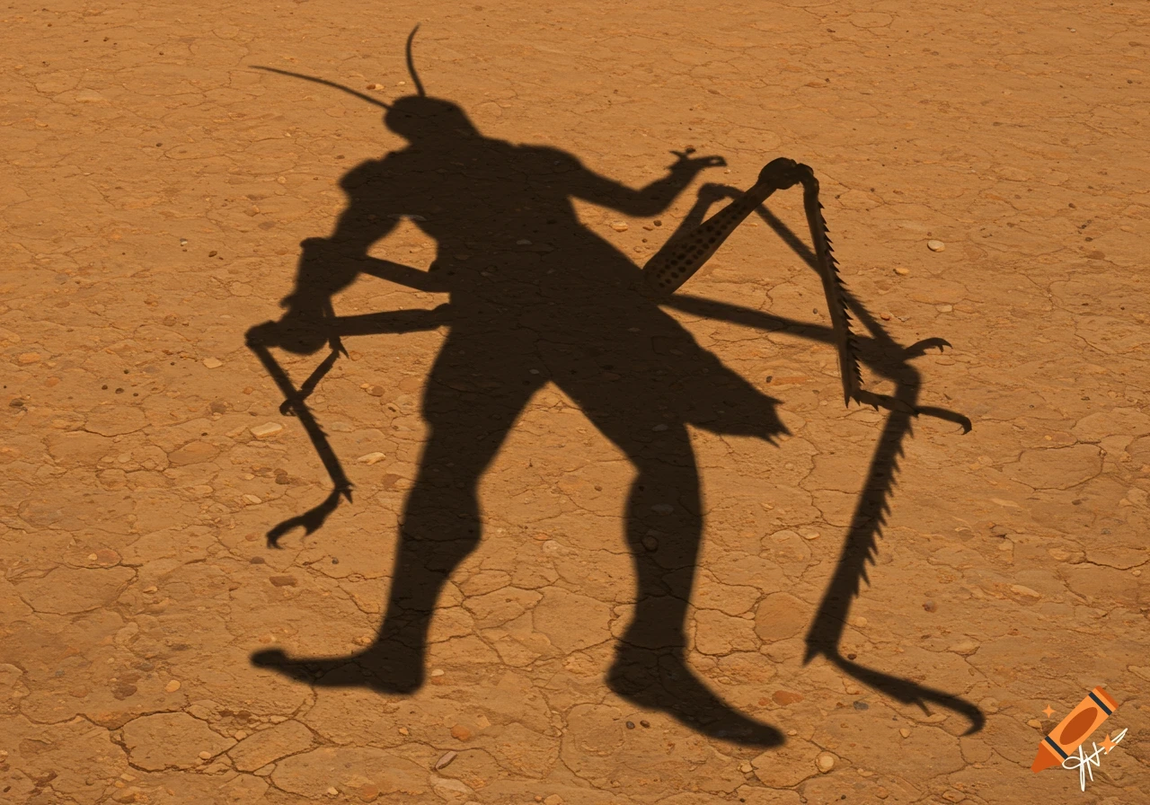 Shadow of a human warrior with grasshopper legs and antennae cast on cracked dry ground.