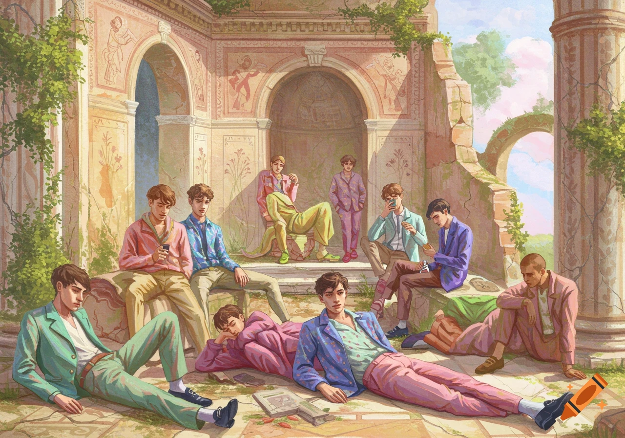 Illustration of young men in pastel suits lounging in ancient ruins.